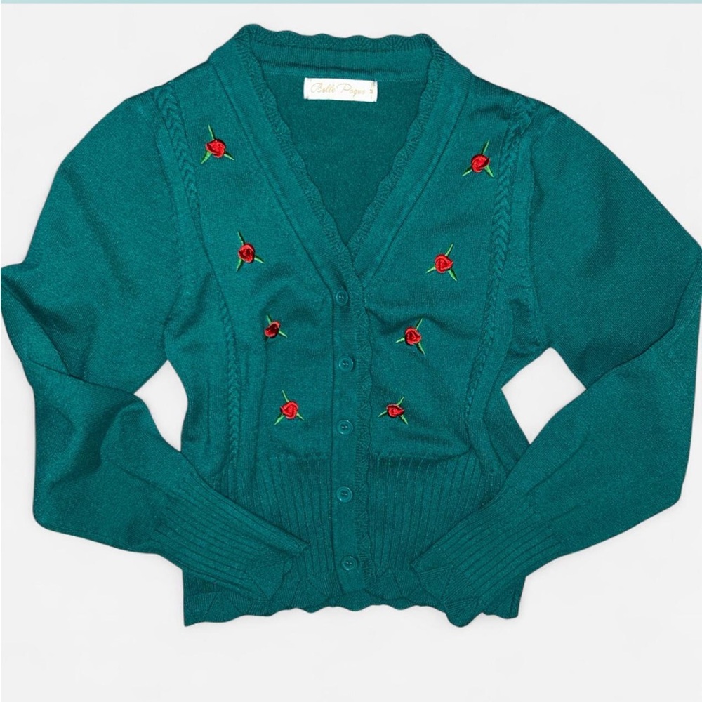Belle Poque Green Cardigan with Red Embroidery Roses
